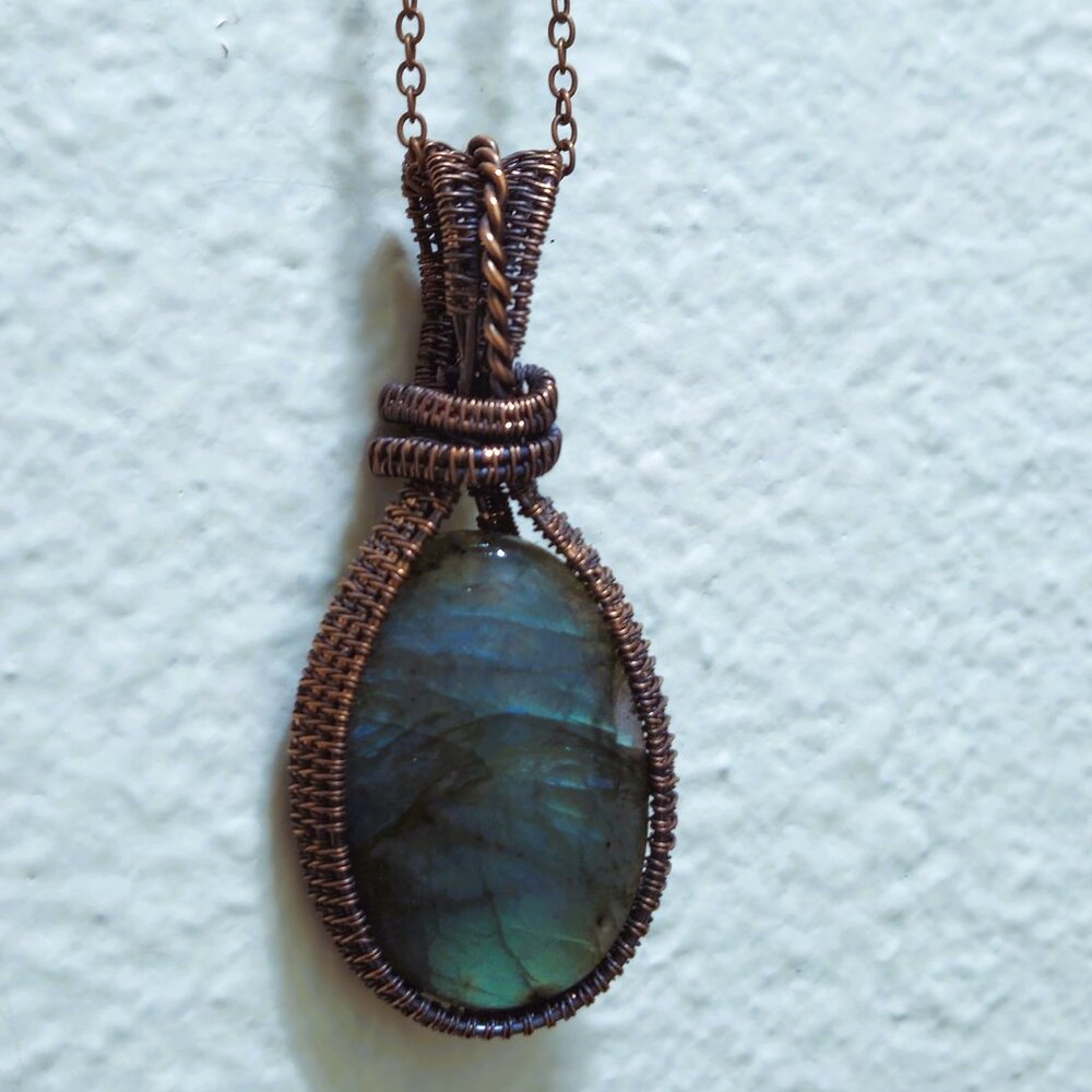 Handmade Copper Wire Wrapped Labradorite Pendant